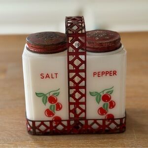 🍒 McKee Tipp City Milk Glass Cherry S&P Shakers |1930s-50s | HTF